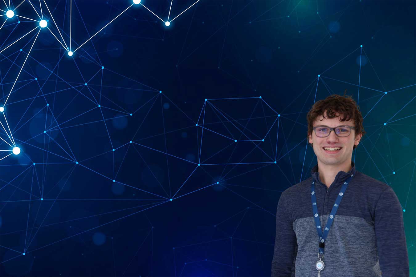 DSU student David Siemienas pictured with a blue background that has dots connected with lines.