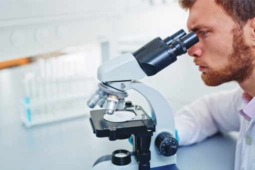 Chemistry minor student looking into a microscope