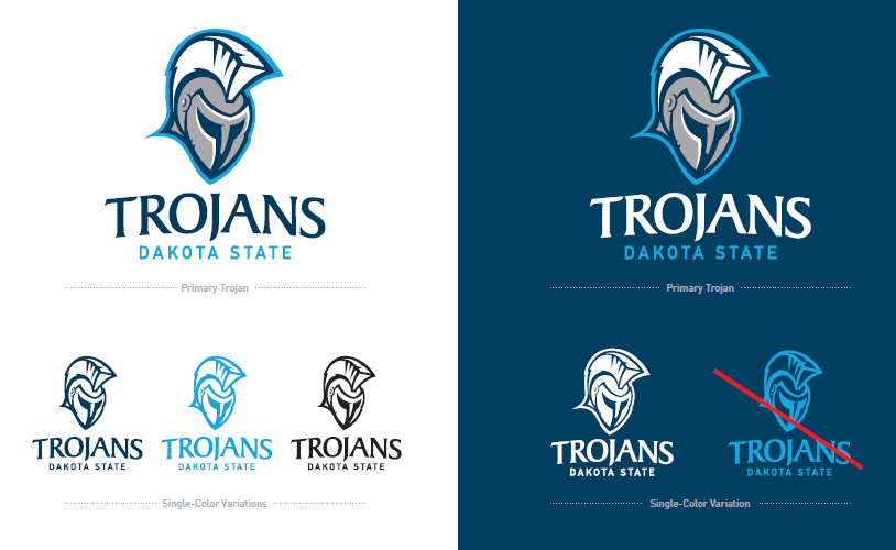 Our primary Trojan mark features a Trojan in full helmet, stylized at a three-quarters angle. The wordmark consists of the word TROJANS in a curved serif typeface with DAKOTA STATE in a straight sans-serif below. Both elements (Trojan mark and wordmark) can be used on individually and separated if necessary.