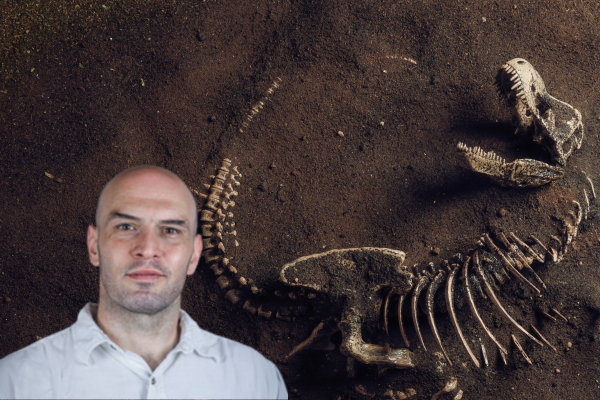 Dr. Alex Dececchi on the left with a dinosaur fossil on the right with a brown dirt background.