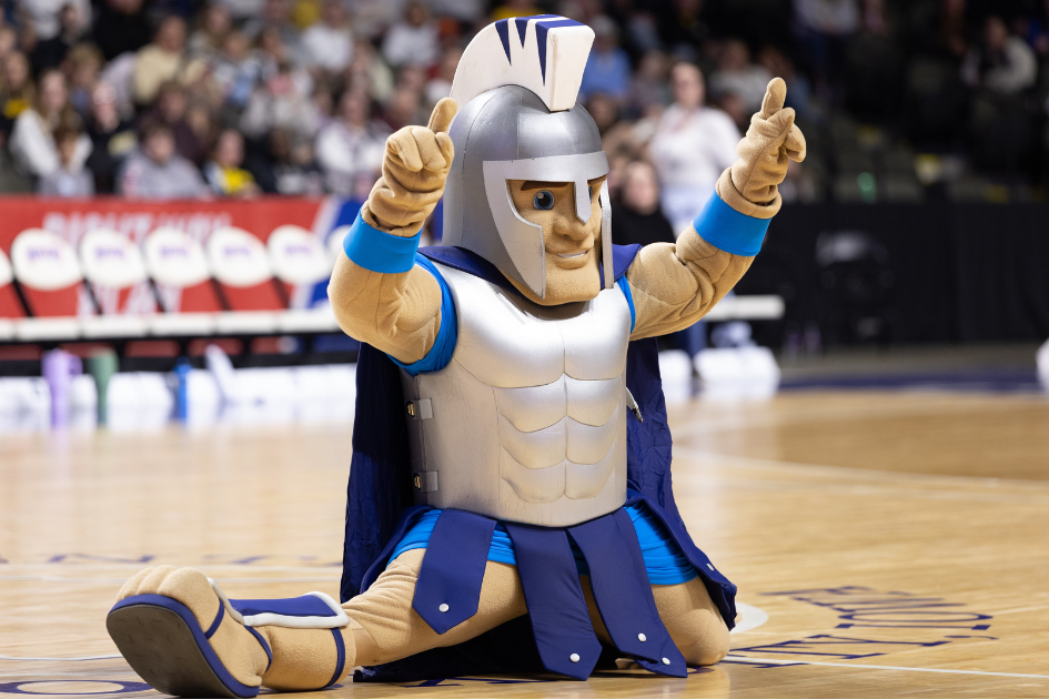dakota state mascot general cyber doing the splits on basketball court