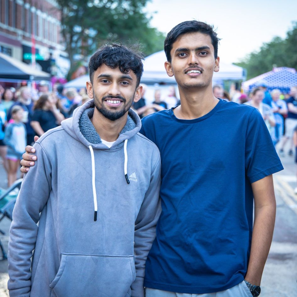 two dsu students posing for camera and smiling at Downtown Madtown