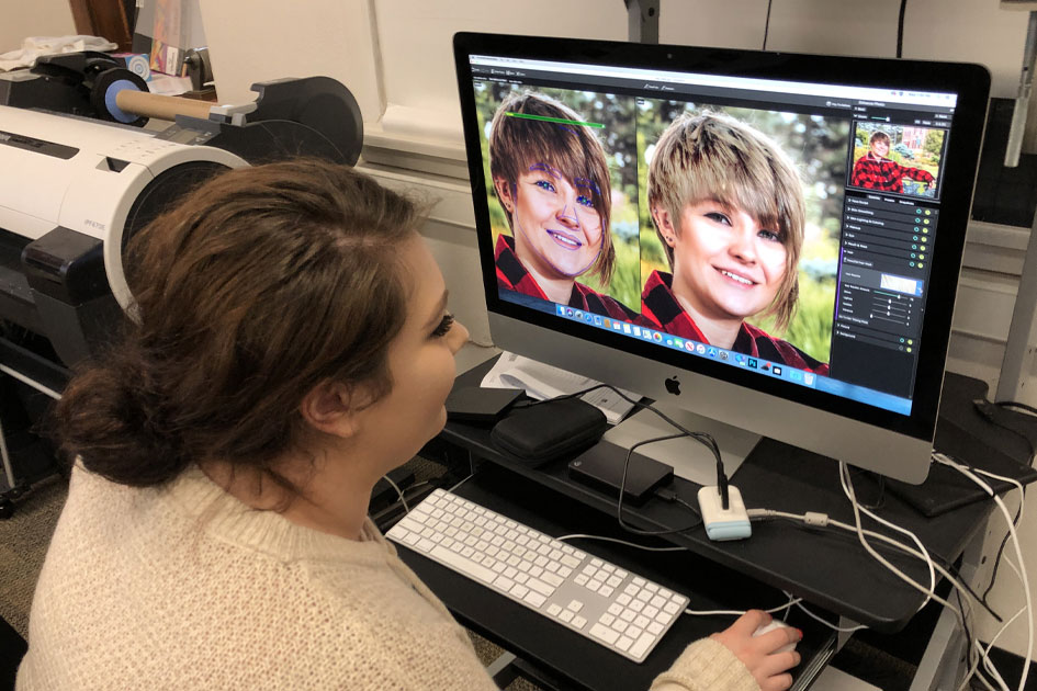 Digital Arts and Design: Computer Graphics student editing a portrait image in Photoshop