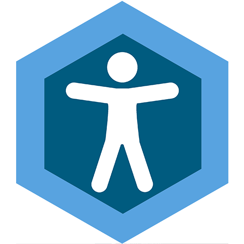 The unviersal symbol for accessibility surrounded by DSU's blue hexagon.