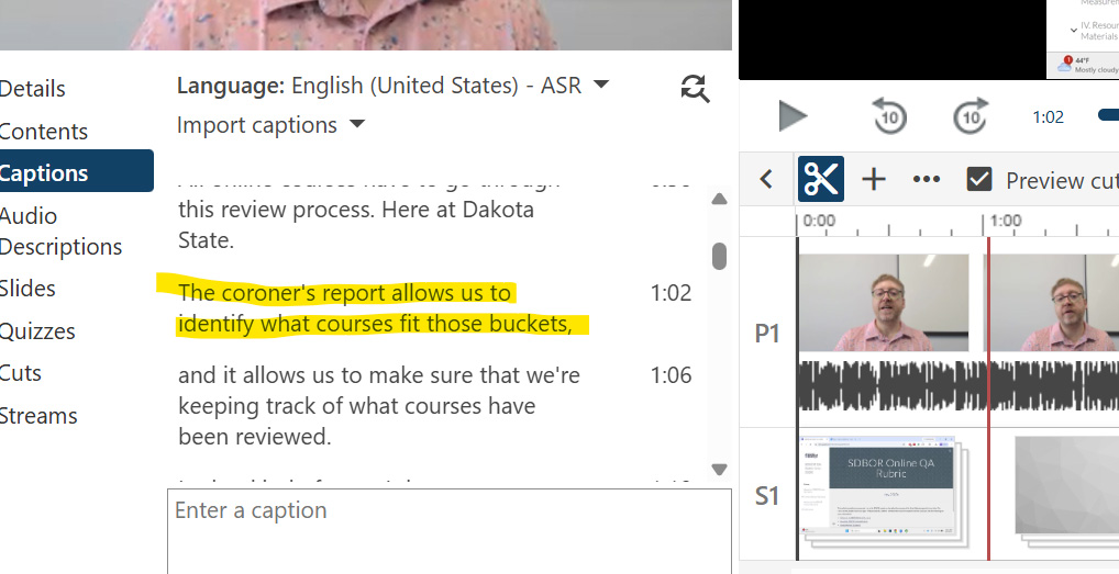 A screenshot of work editing captions when the auto-captions used the phrase Coroner's Report instead of Cognos Report.