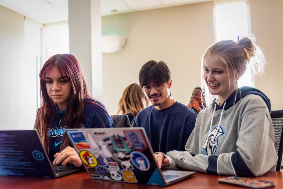 three dsu students working in class on computers