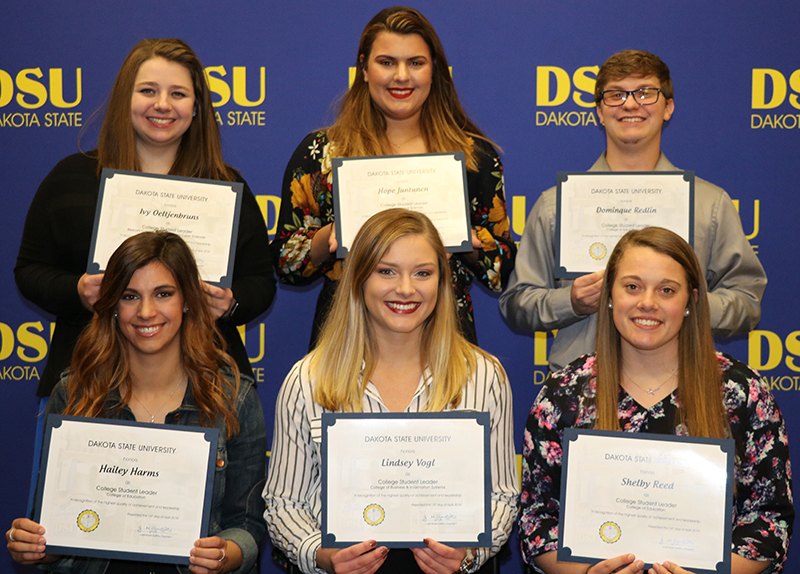 DSU College Student Leaders include: Ivy Oeltjenbruns (back left), Hope Juntunen, Dominique Redlin; Hailey Harms (front left), Lindsey Vogl, Shelby Reed.