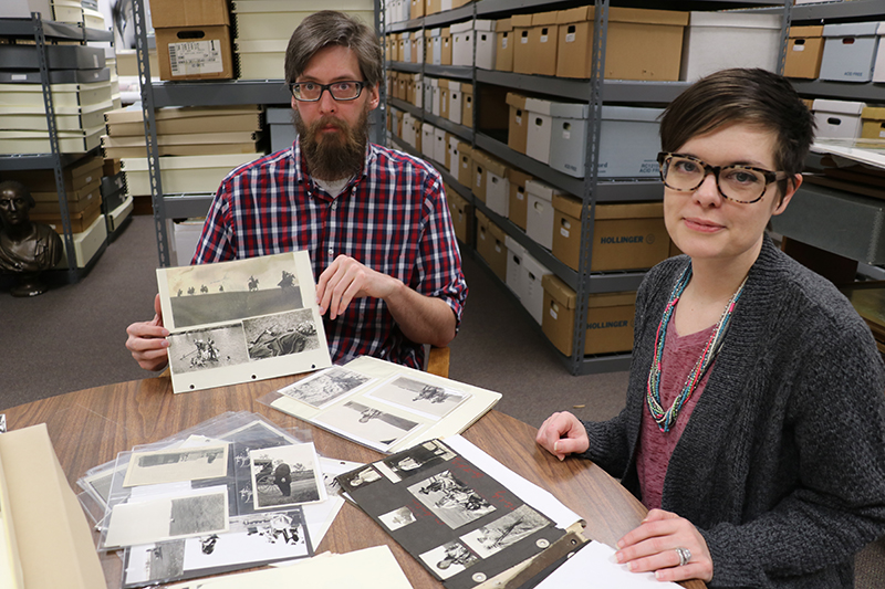 DSU archivist Ryan Burdge and DSU Associate Professor Stacey Berry are pictured with some of the archives from a 1929 film shot by a student. Students in the current film and cinematic arts specialization continue with pioneering film work on the Madison campus.