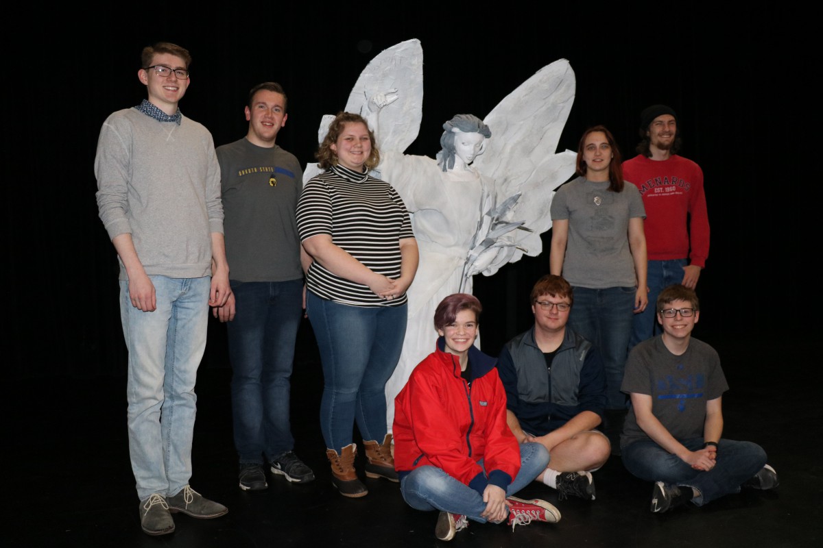 DSU thespians who traveled to Iowa in January for the Kennedy Center Region V Theatre Festival include Kenneth Olson (standing, back left), Ryan Wille, Nelly Burkitt, Samantha Nielsen, Timothy Cramer; Hannah May (front, left), Derrick Burkhardt, and Cole Peterson. Not pictured are: Kaylea Chase, Isaac Thooft, Landon Frederes. 