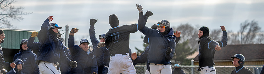 DSU baseball players leap in celebration as a team