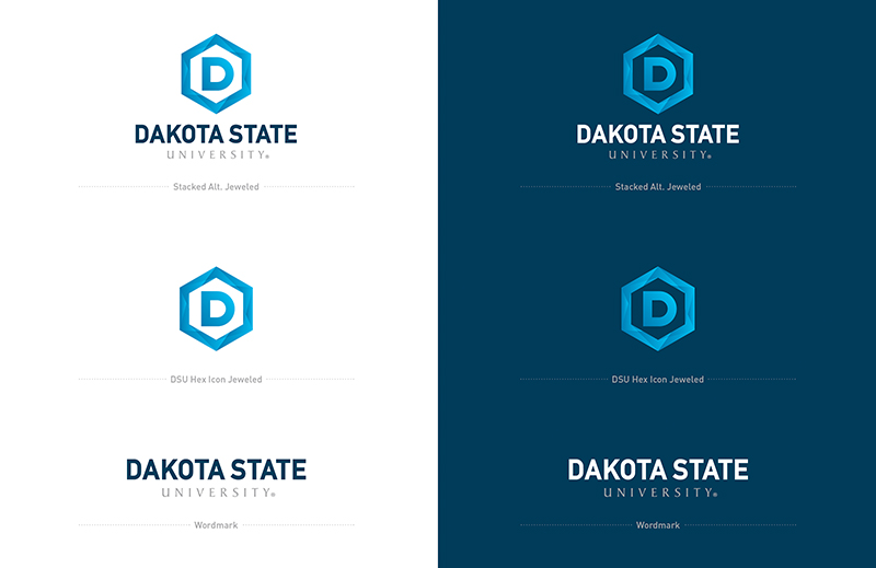 The alternative DSU logo set consists of a stacked version with all elements, and the elements themselves separated out by icon and wordmark.  These marks can be used in the same color sets as the primary university mark: jeweled, flat, and individual primary and neutral colors.
