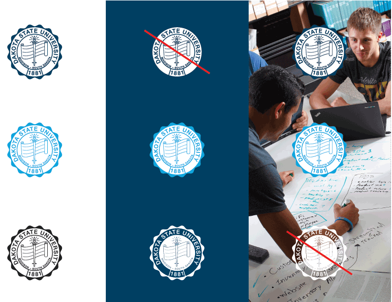 The following examples show proper and improper use and application of the DSU seal. If you have questions about how and when to use the seal, please contact the DSU Department of Marketing and Communications.