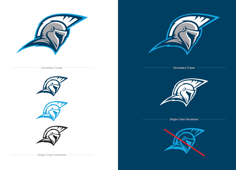 Our secondary Trojan mark features a profile view of a charging Trojan. This logo should be used sparingly as to not overpower the primary Trojan mark. Examples of use for this mark would be situations when a more horizontal application would fit best (i.e. football helmet, signage, or vehicles).  As with the primary Trojan mark, the only approved single color variation for dark backgrounds is WHITE.