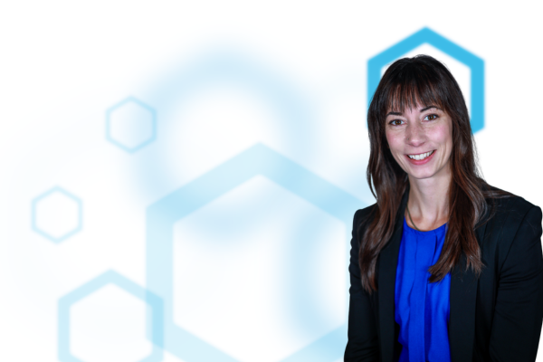 white background with hexagons dr. leslie stover on right