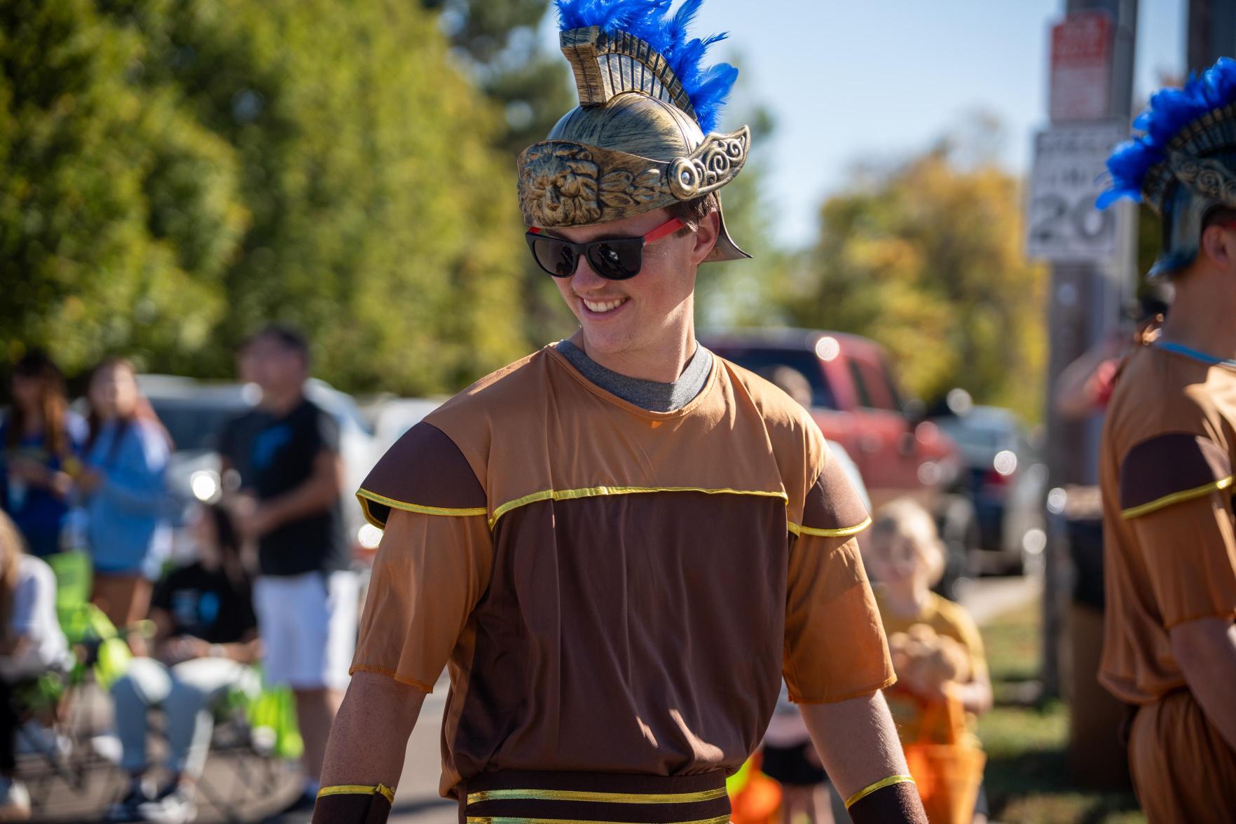 A DSU student dressed as a Trojan at last year's Homecoming parade.
