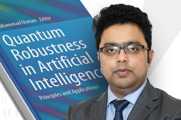 Artwork of book Quantum Adversarial Machine Learning and Defense Strategies: Challenges and Opportunities next to image of Dr. Varghese Vaidyan