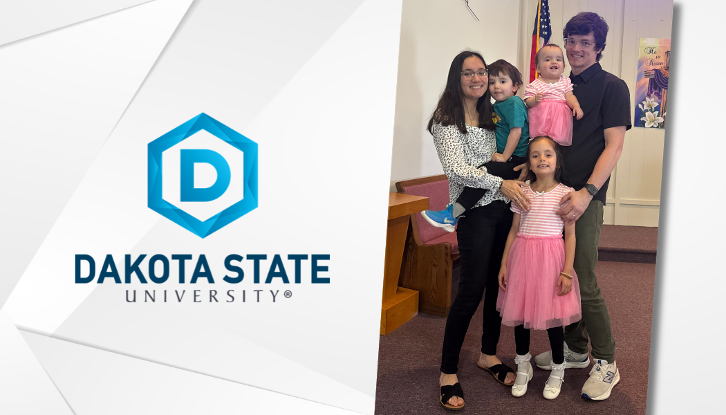 White background, DSU logo on left, photo of Karissa and Kody Johnson and family on right