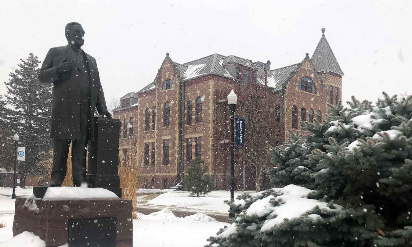 General Beadle statue in the snowfall.