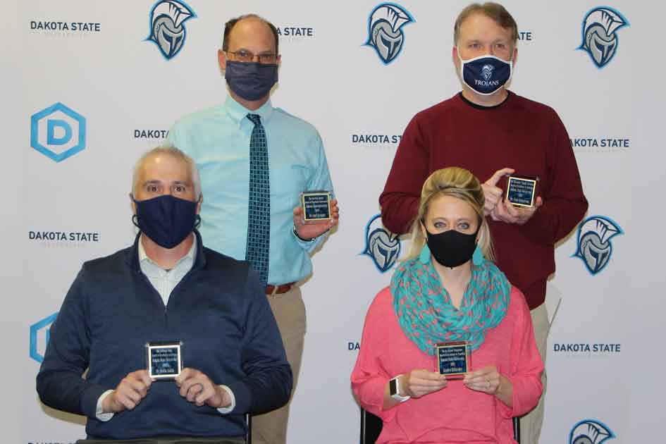 Dakota State’s Faculty award winners for the 2020-2021 academic year include: Dr. Kurt Kemper (back left), Dr. Tom Halverson; Dr. Kevin Smith (front left) and Kindra Schneider.