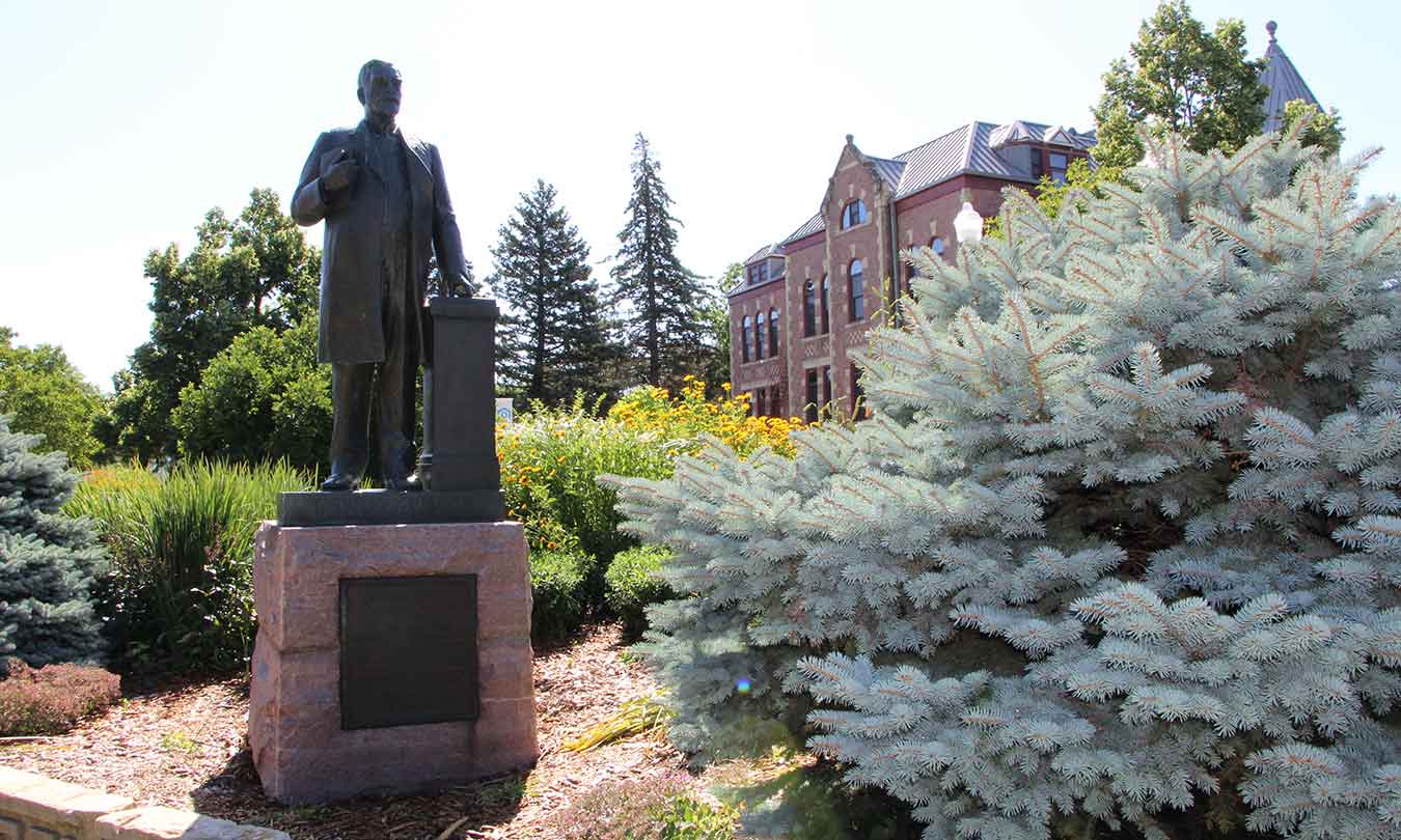 A statue of General Beadle sits on the DSU campus, in the shadow the building that bears his name, Beadle Hall.