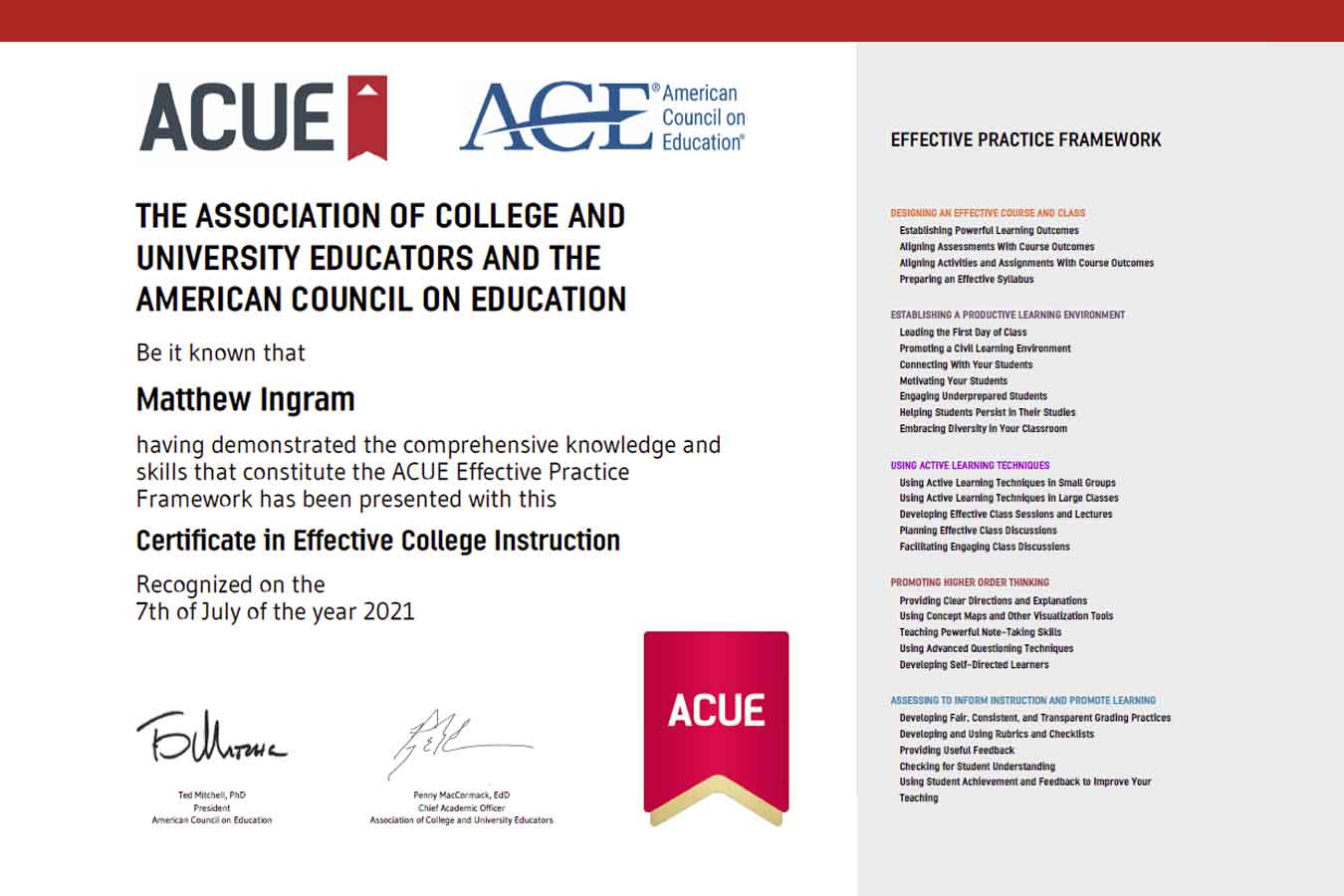 Certificate for Effective Practice Framework from the Associate of College and University Educators awarded to Matthew Ingram. 