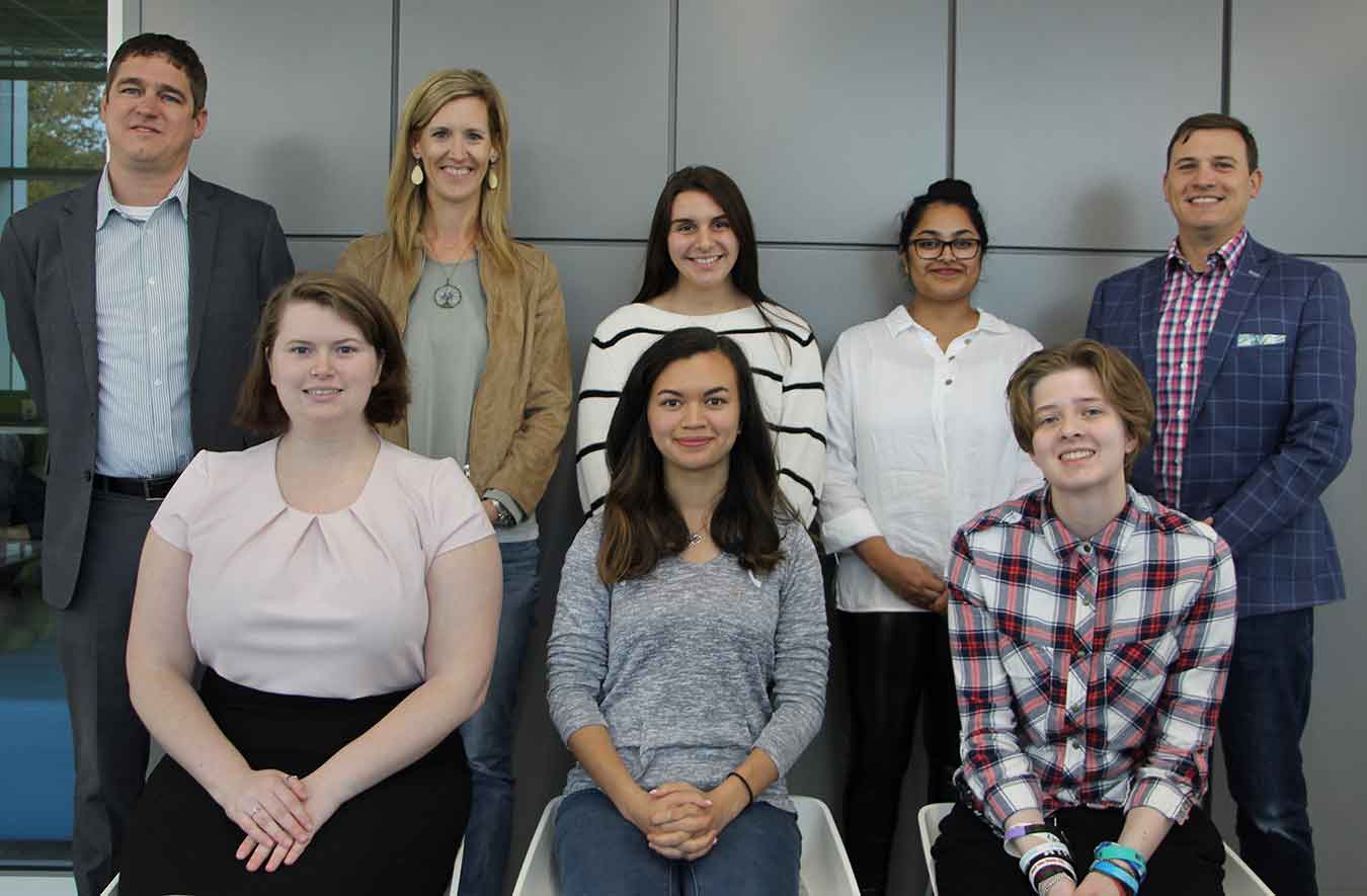 These students are the Fall 2021 SBS/Gamewell Scholarship winners: (front, left) Kinsey Pickering, Annabelle Klosterman, Abigail Bushee; Chad Knutson, SBS (back left), Katie Shuck, Janessa Palmieri, Kanthi Narukonda, Jon Waldman of SBS. 