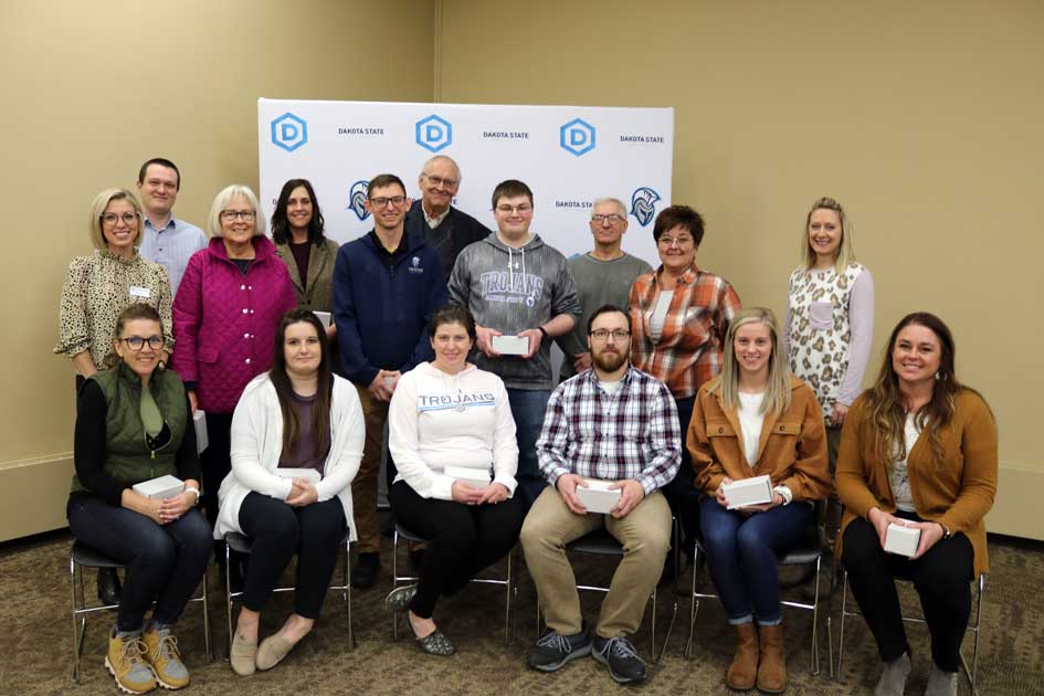 DSU employees with five years of service who attended the March 2 Longevity Reception include: Jess Dold (back left), Andrew Behrens, Jan Brue Enright, Nicole Claussen, Andrew Gross, Richard Hanson, Max Hoiberg, Jeff Mott, Julie Wulf-Plimpton, Kindra Schneider; Stacey Anderson (front left), Sierra Leighton, Rose O’Brien, Nolan Moser, Erin Kahler, Jennifer Munger.  Not pictured are: Krysta Dawson, Virginia Hazelwood-Gaylor, Nicky Khattapan, James Maloney, David Moe, Alex Wollman.