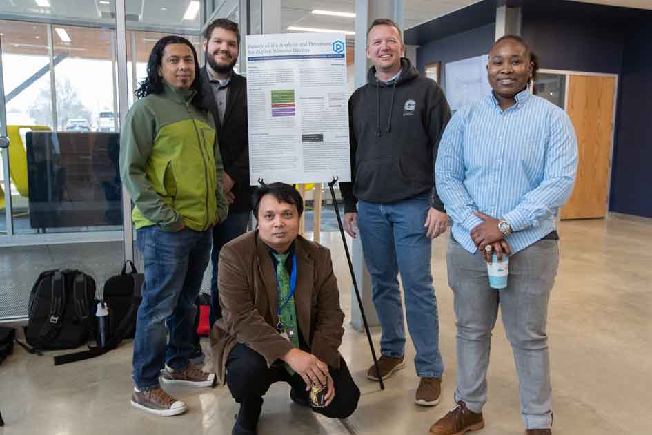 This group of graduate students worked remotely on a research project. They met in person for the first time during Research Week. Subash Adhikari (back left), Jacob Williams, Kurt Jarvis, Chinyere “Chin” Isaac-Heslop; Mar Castro (front).