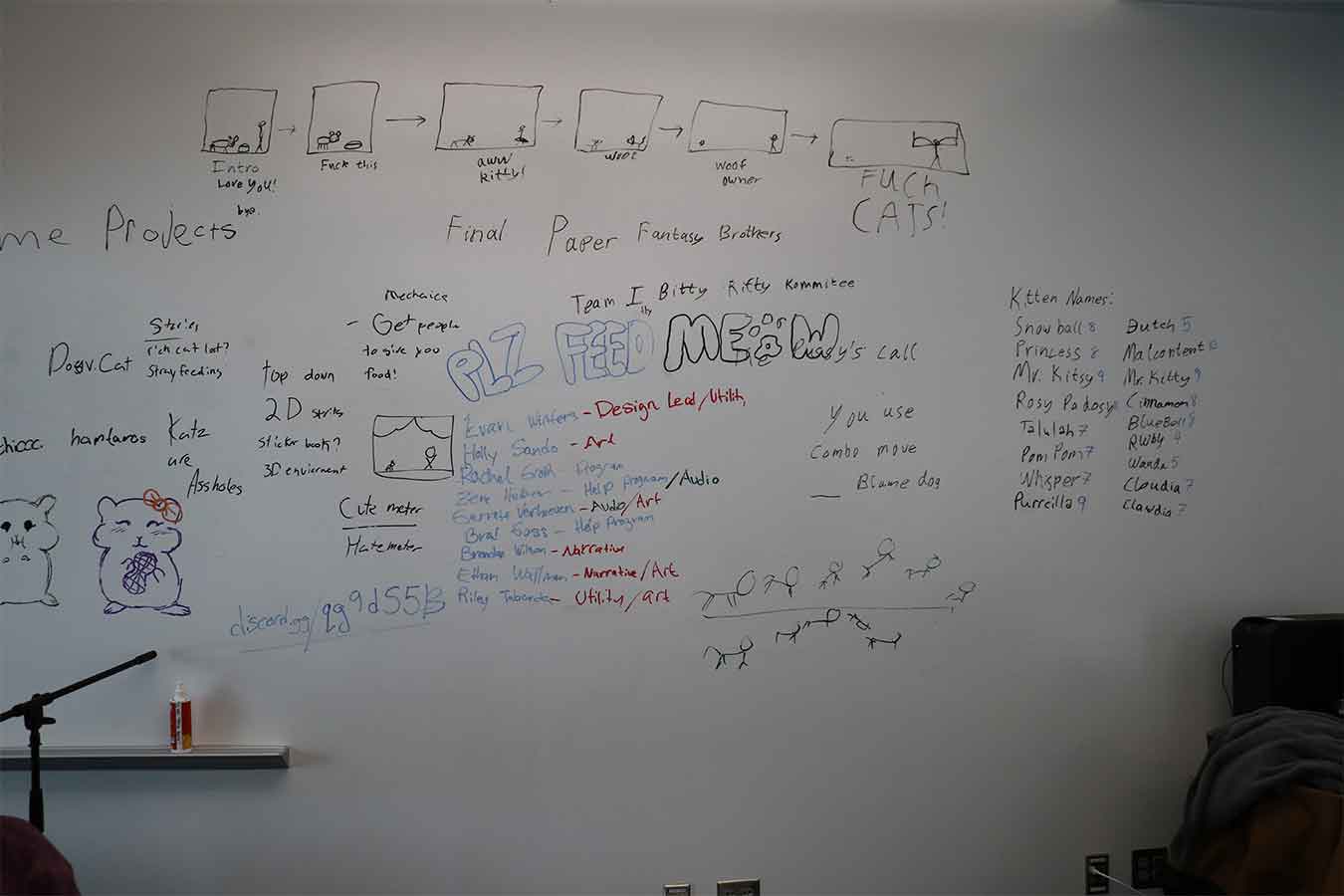 White board with notes for a game created during the 2019 Global Game Jam