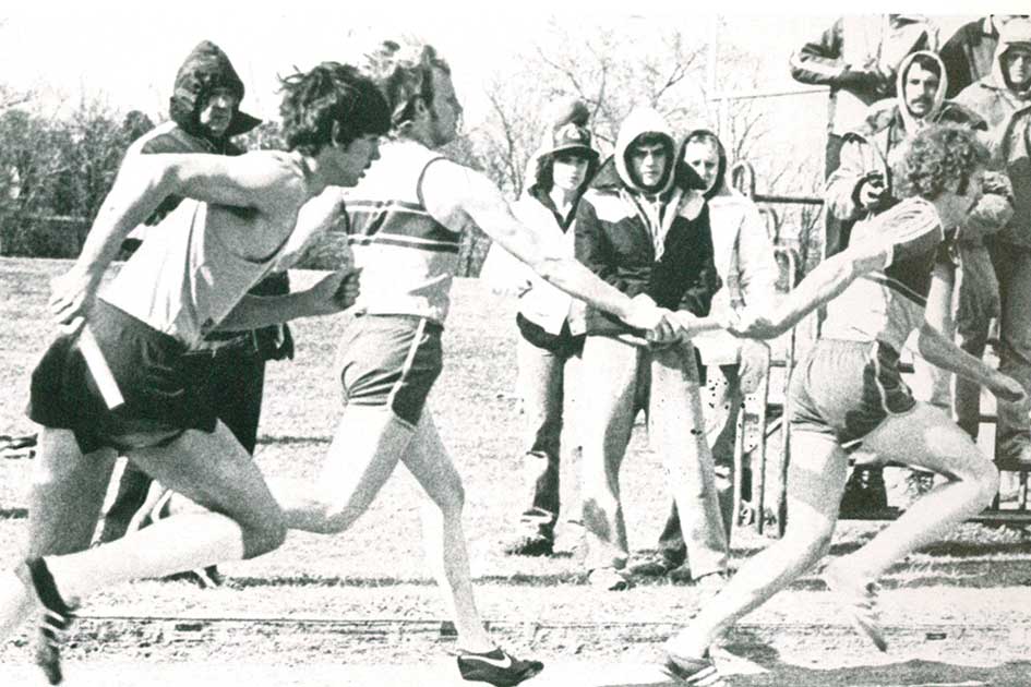 Dan Beacom (receiving the baton) was part of the DSU track team in the 1970s