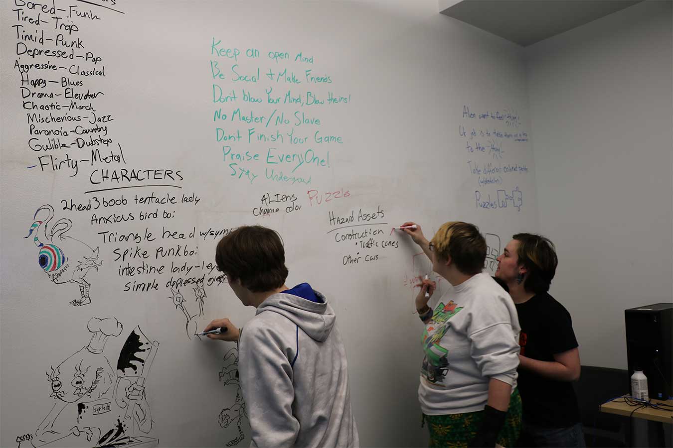 Participants of a previous Global Game Jam at DSU use a white board to develop the game they made for the 48 hour competition.