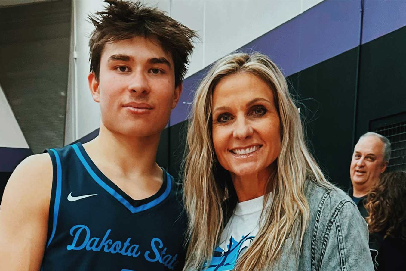 Summer Schultz (right) with her son Brayden Pankonen, a freshman on the men's basketball team at DSU.