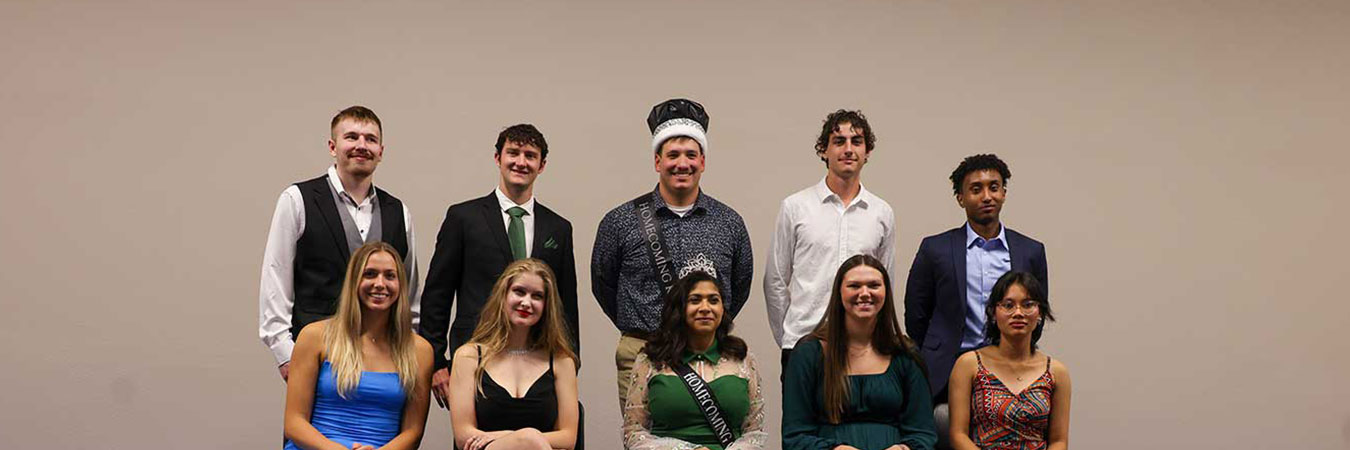 DSU Homecoming Court (pictured l-to-r): Back row: Kodiak McClure, Kaden Krusemark, Braxton Lacher, Cody Farland, and Wael Delessa. Front row: Angela Slattery, Jöelle Malacko, Maya Plummer, Hannah Evans, and Kinjal Basnet. 