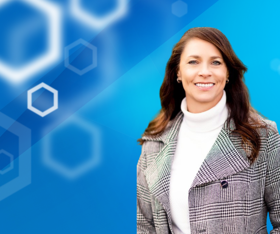 Dr. Arica Kulm with a blue background and white hexagons on the left.