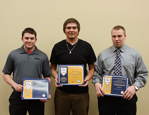 (L to R): Daniel Flahie (Daktronics NAIA Scholar-Athlete, Capital One Academic All-District, All Conference Honorable Mention, NSAA Scholar-Athlete); Zac Smith (All-Conference 1st Team); Riley Bullington (NSAA Scholar-Athlete)