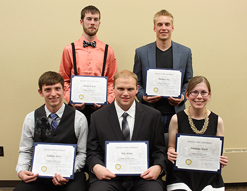 Back (L to R): Devon Bruna, nominated by College of Education; Zach Ely, nominated by College of Education Front (L to R): Andrew Gross, nominated by College of Arts and Sciences; Eric Holm, nominated by College of Business and Information Systems; Amanda Rajdl, nominated by College of Business and Information Systems