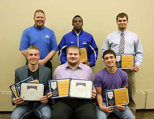 Back (L to R): Josh Anderson (Head Coach); Jeremy Christner (All-Conference 2nd Team); Cole Potter (All-Conference 1st Team) Front (L to R): Zach Ely (Daktronics NAIA Scholar-Athlete, All-Conference 2nd Team, NSAA Scholar-Athlete); Zac Woods (NAIA All-American 1st Team, All-Conference 1st Team); Brendon Waldner (All-Conference 2nd Team)