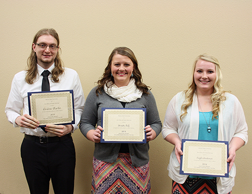 (L to R): On-Campus: Andrew Martin, DSU Office of Career Services; Off-Campus: Brooke Relf, Direct Support Professional at ECCO, Inc.; Off-Campus: Kayla Hoekman, CNA at Bethel Lutheran Nursing Home