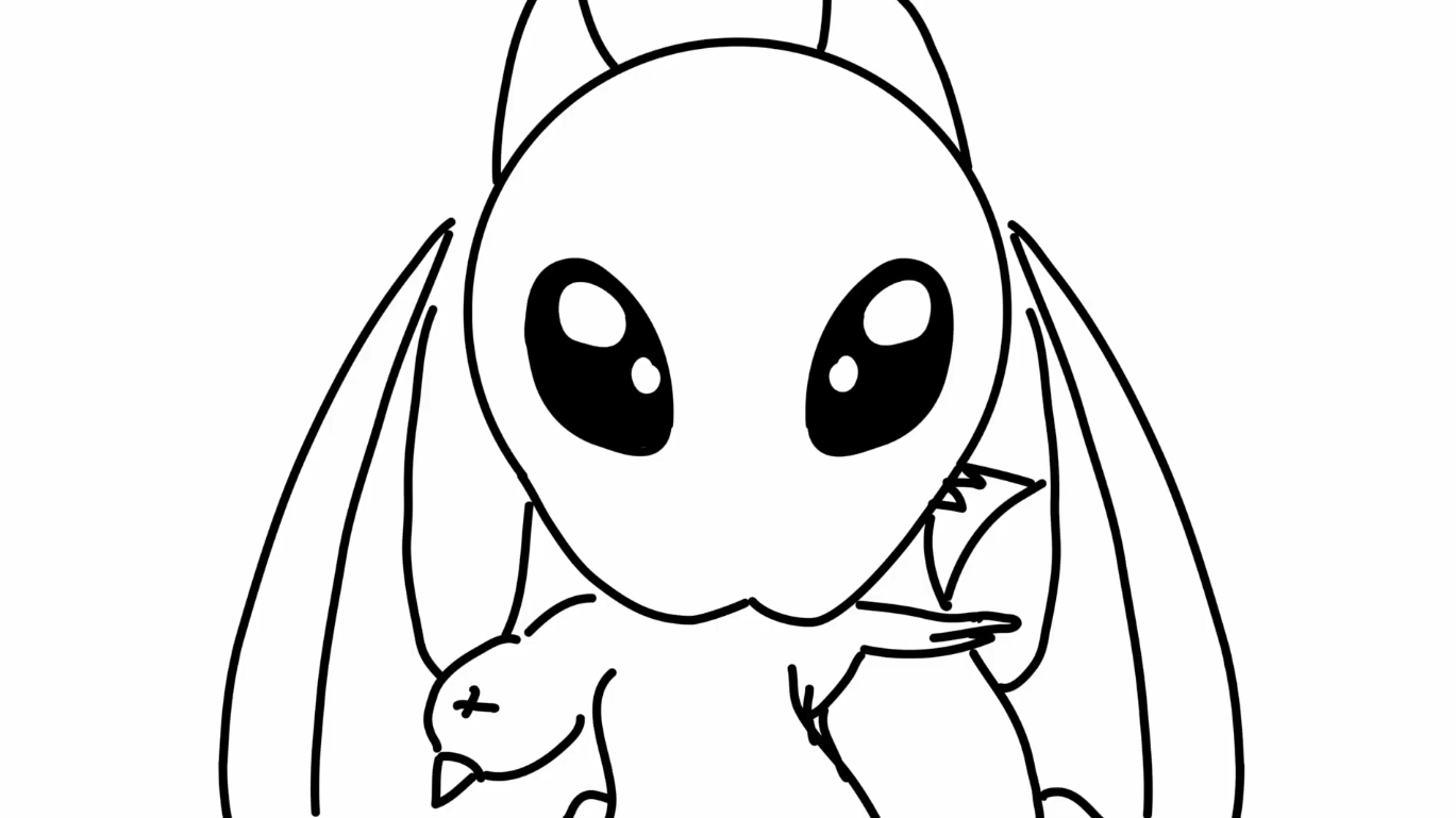 An animated black and white dragon with large puppy dog eyes stares ahead with a dead duck in its mouth.