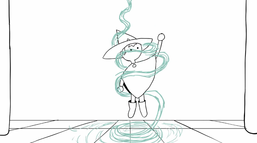 A small cartoon wizard in a pointy hat and a poncho rises off the floor in a swirl of magical wind