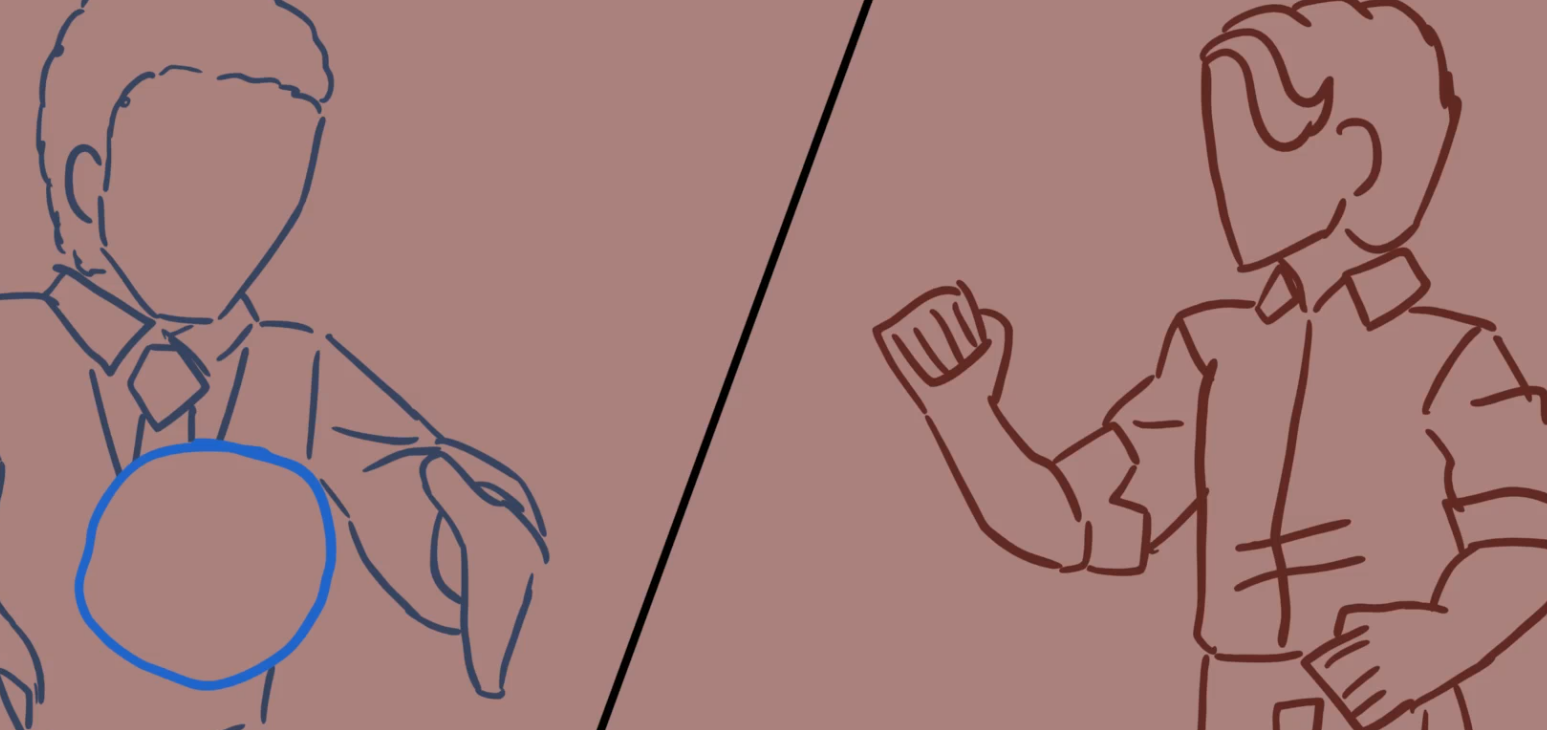 Left: Blue outline of a man forming a ball his hands. Right: Red outline of man in fighting stance
