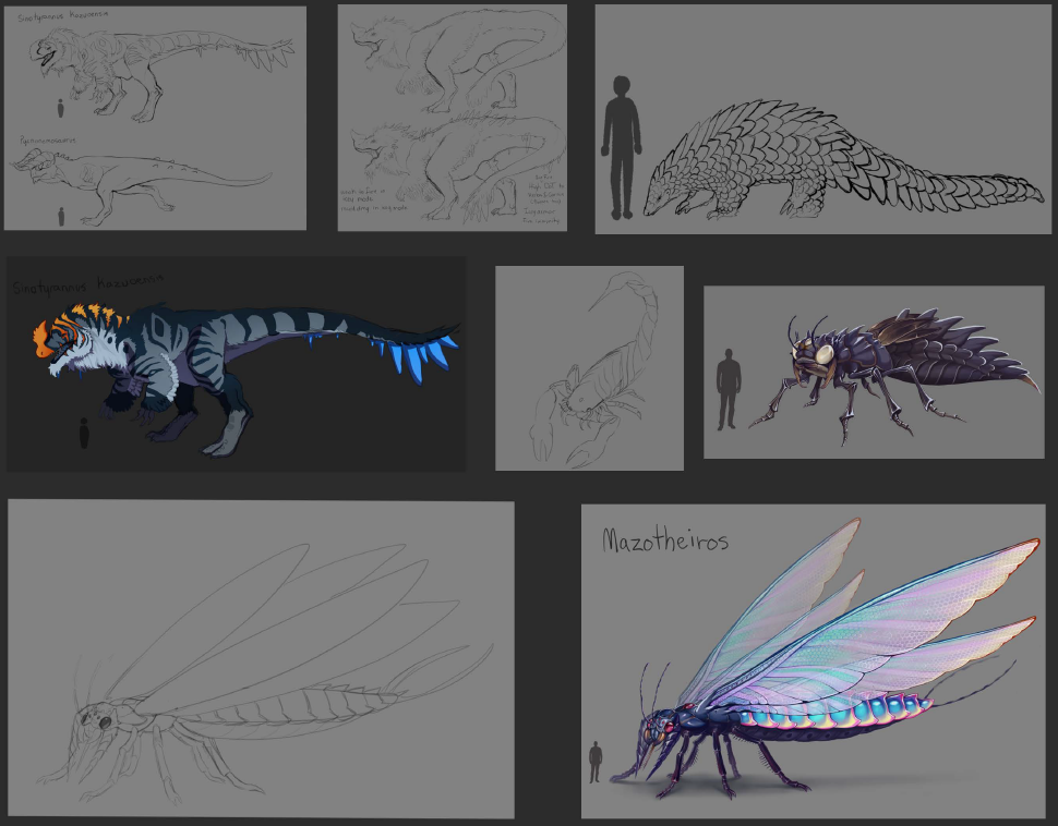various sketches and concept arts of fantastical creatures from dinosaurs to bugs.
