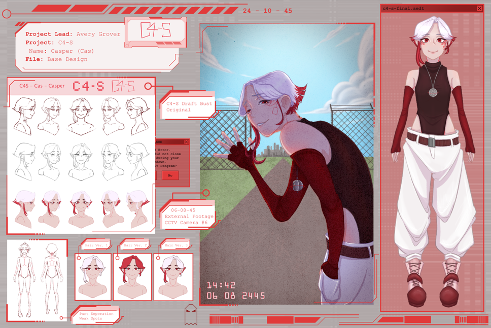 Concept art for anime character with white hair with red tips. 