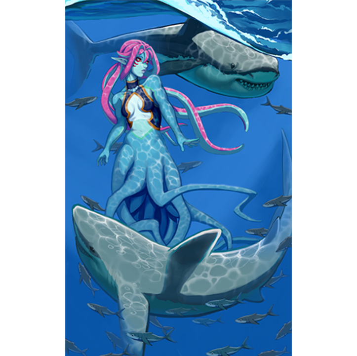 A half woman and half octopus with pink hair under water surrounded by sharks