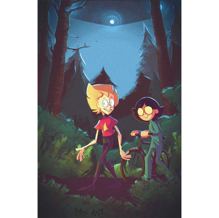 Two stylized kids walk through a moonlit forest at night