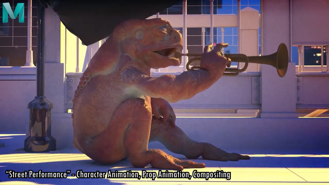 A large frog sits on a train platform about to blow into a trumpet.