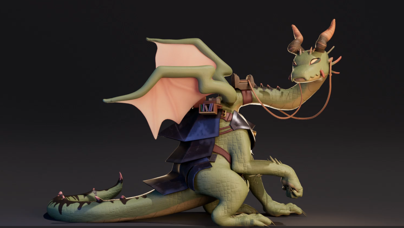 Green dragon with a navy blue saddle