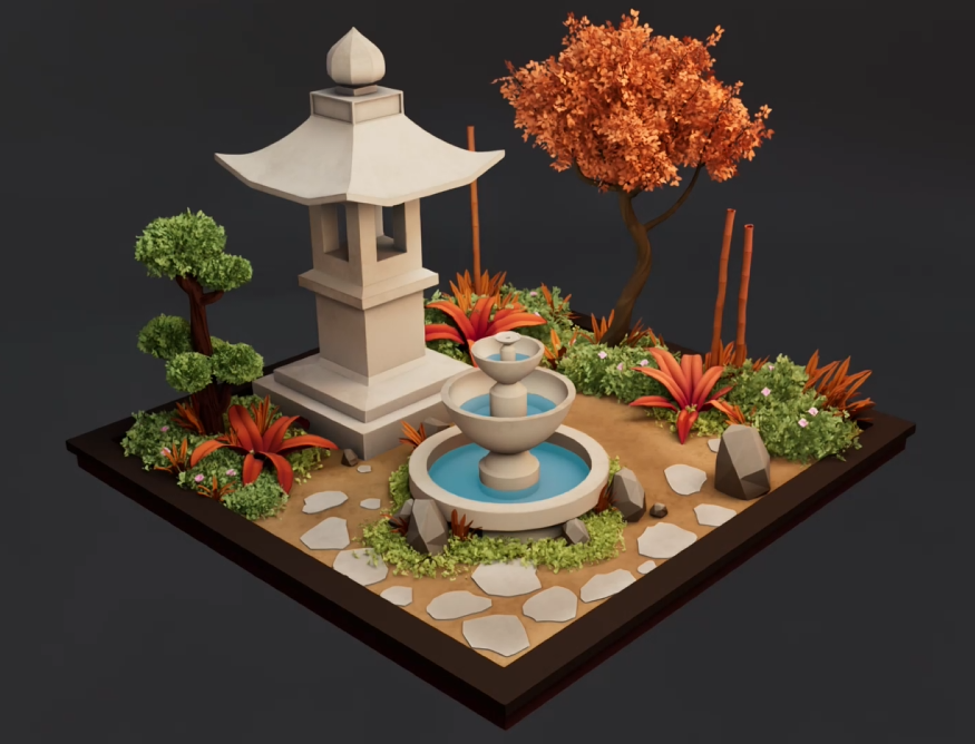 Garden with trees and bushes, fountain, stone path, and bell tower. 