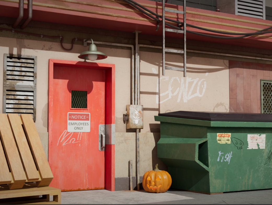 Back ally way with employees only door, dumpster, pallets, and a pumpkin