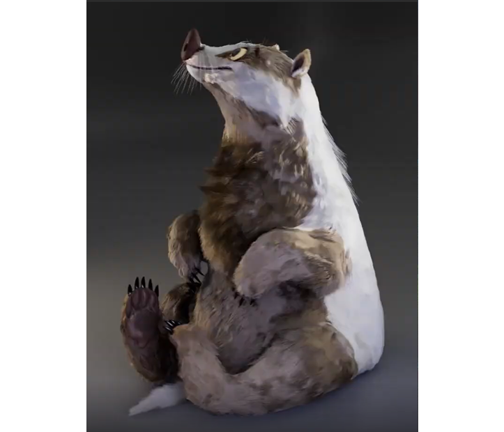A stylized computer animated Badger sits on its behind and looks expectantly off-screen.